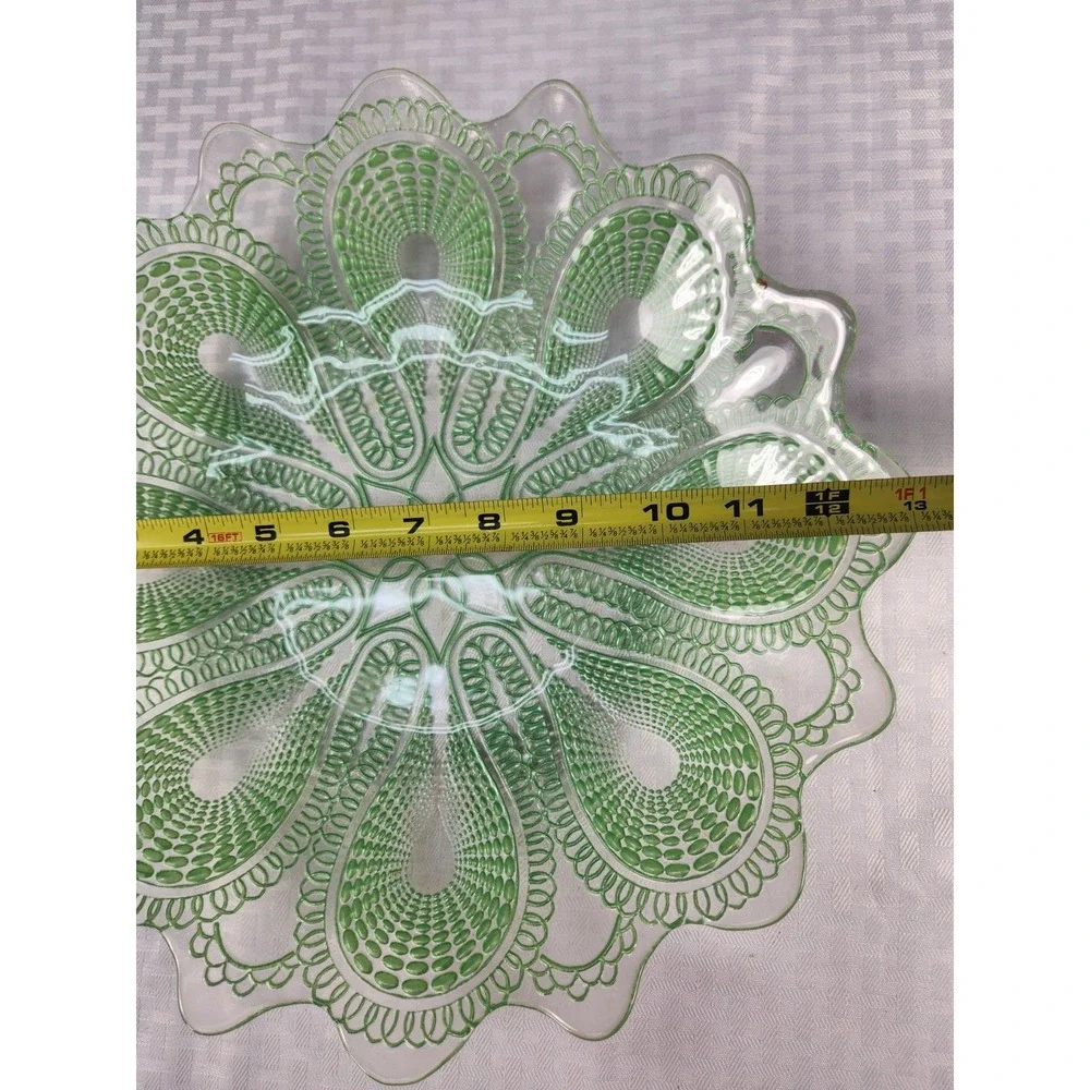Turkish EFE Mint Green Etched Lace Glass Platter Art Hand Made Vintage